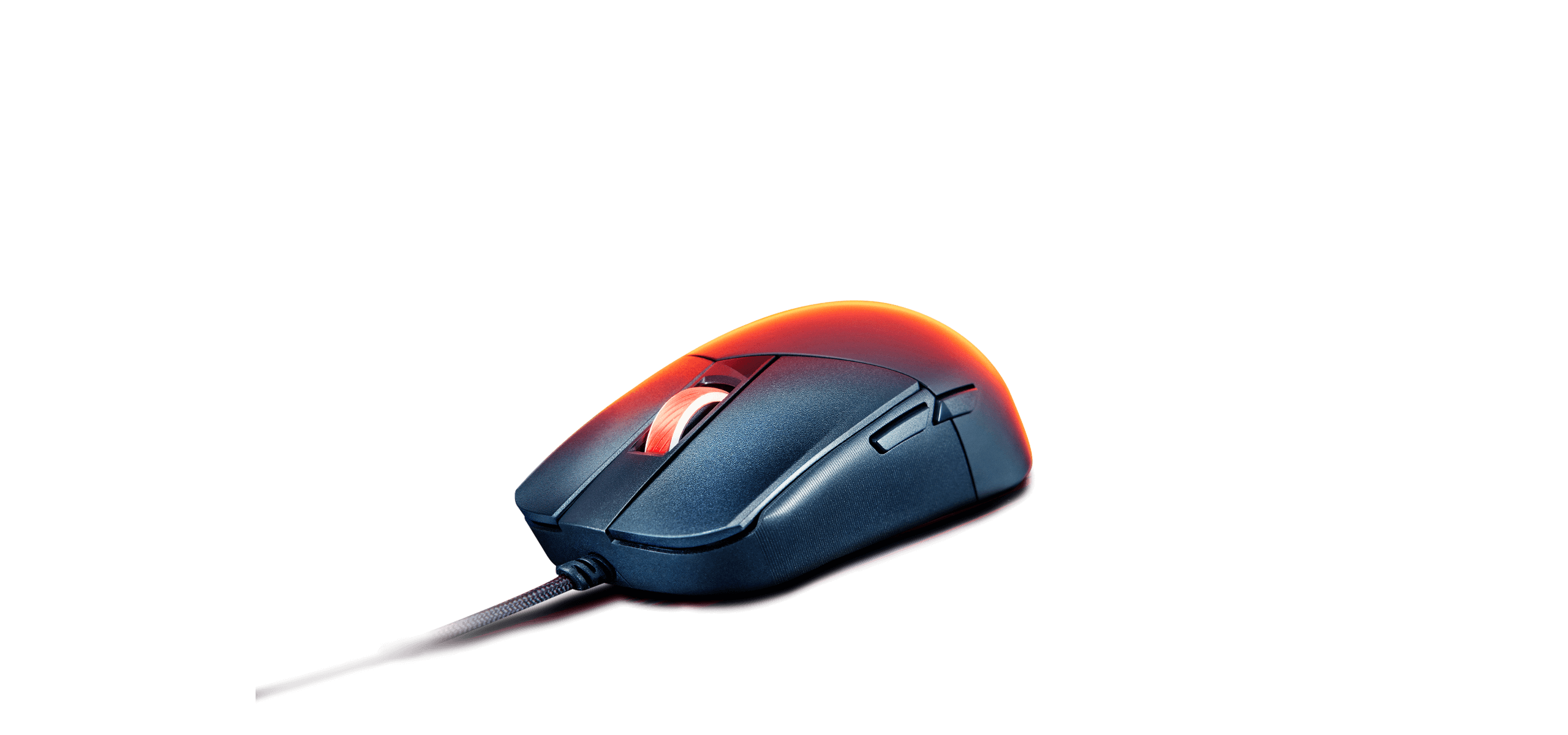 The ROG Strix Impact III on a dark surface, with orange lights coming out from behind it
