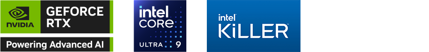 NVIDIA GeForce RTX 技术徽章、Intel Core Ultra CPU 标志、Adobe Creative Cloud 三个月订阅组合标志及 Intel Killer Wi-Fi 标志