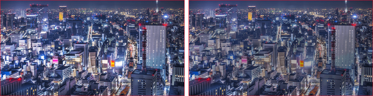 The night view of modern city. / The night view of a cityscape with the dimming effect enabled on some brighter spots of the image.