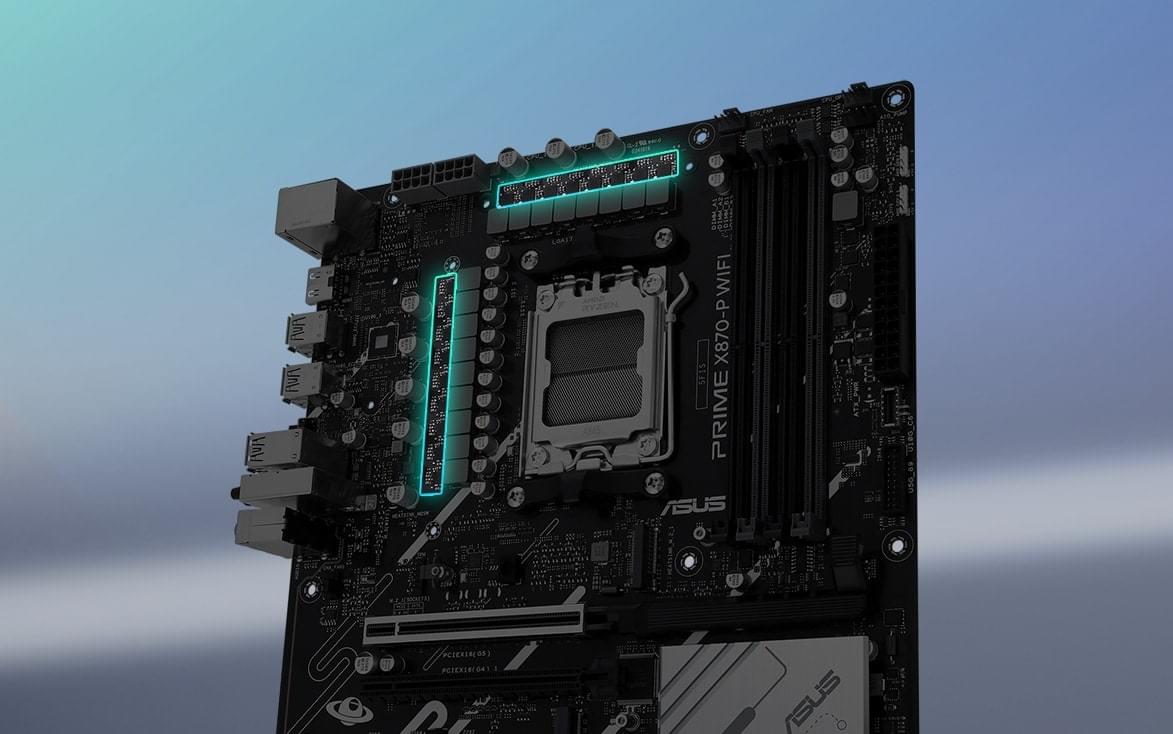 Angled top-down view of PRIME X870-P WIFI motherboard.