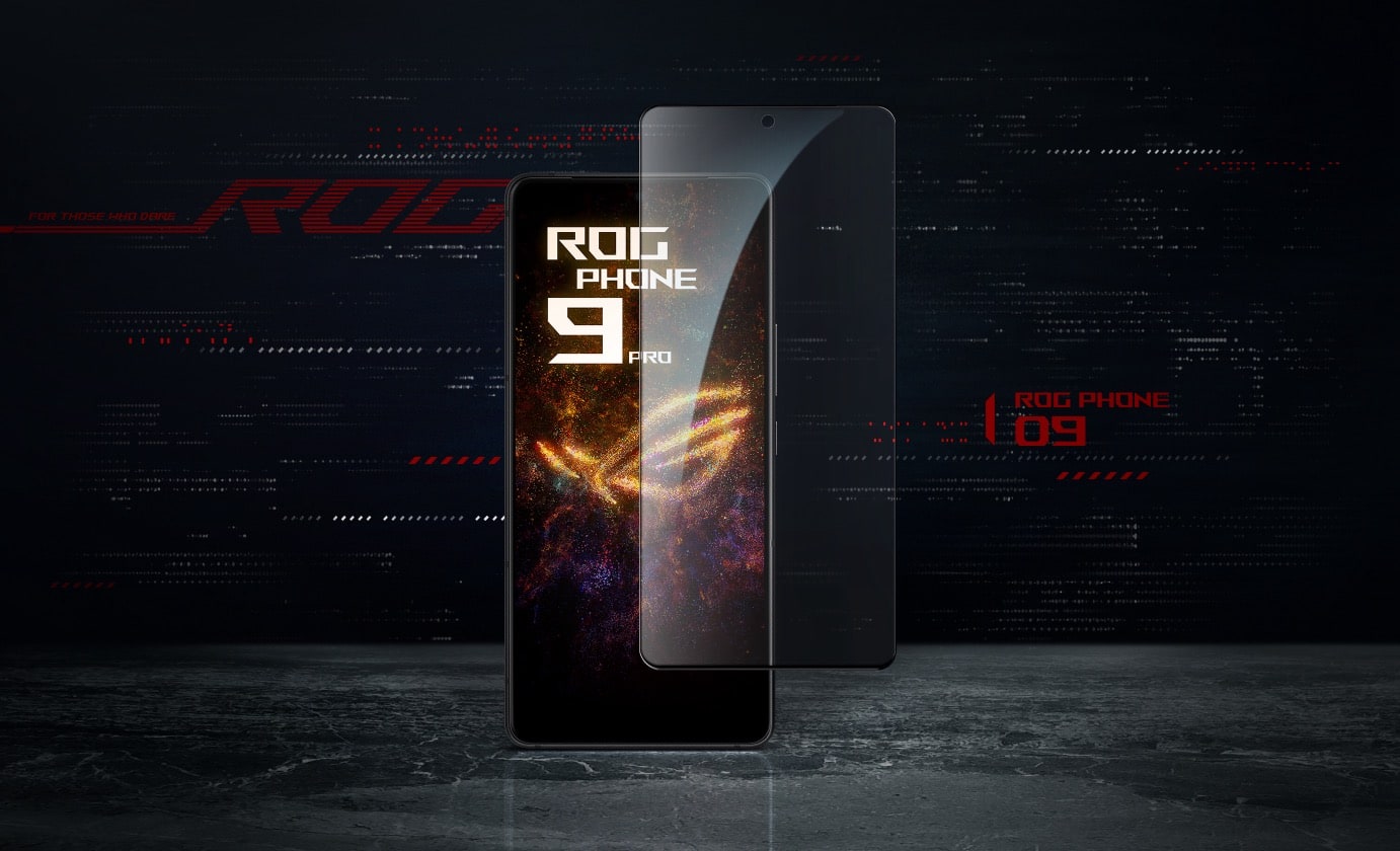 The ROG Antibacterial glass screen protection with the ROG Phone 9’s phone in front of the white-dots ROG logo background.