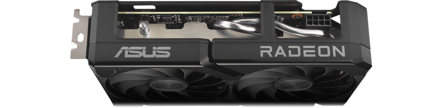 ASUS Dual Radeon™ RX 9060 XT 显卡的倾斜俯视图