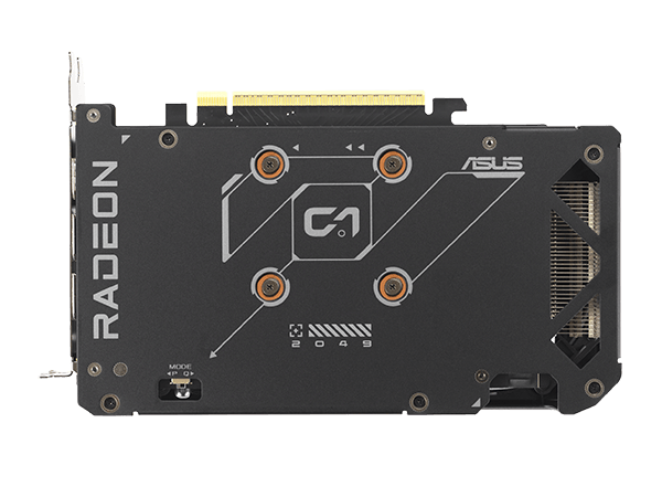 Radeon™ RX 9060 XT 显卡保护性背板的特写视图。