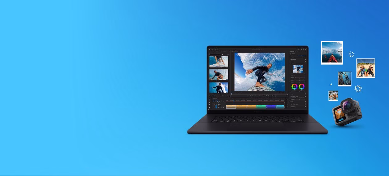 宣传横幅以蓝色背景衬托一台笔记本电脑，画面中正在使用 Adobe Premiere Pro 编辑滑板玩家的动作视频。笔记本电脑周围环绕着 GoPro 照片缩图和一台 GoPro 摄影机，代表内容创作流程。