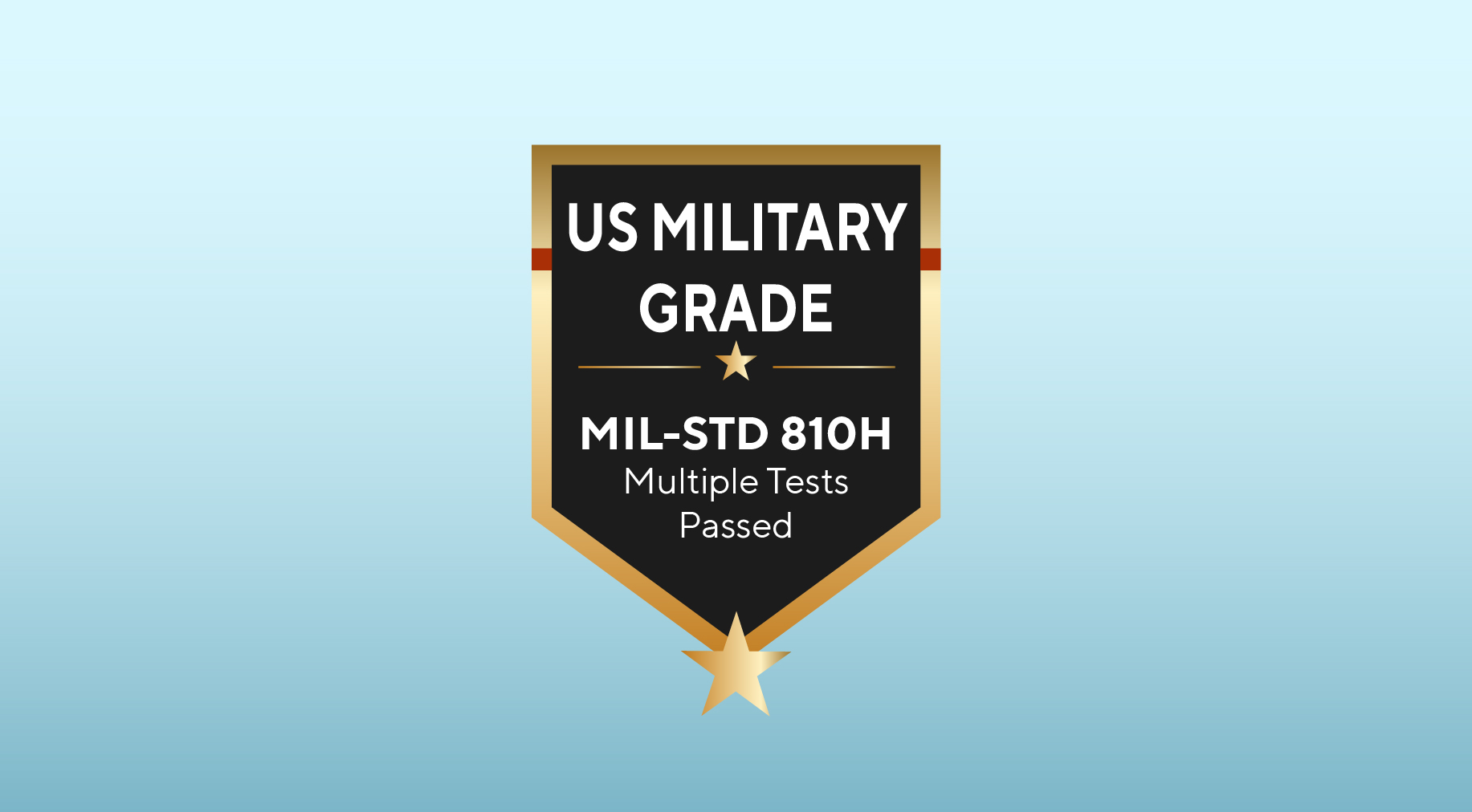 Shield icon featuring the text 'MIL-STD 810H multiple tests passed'