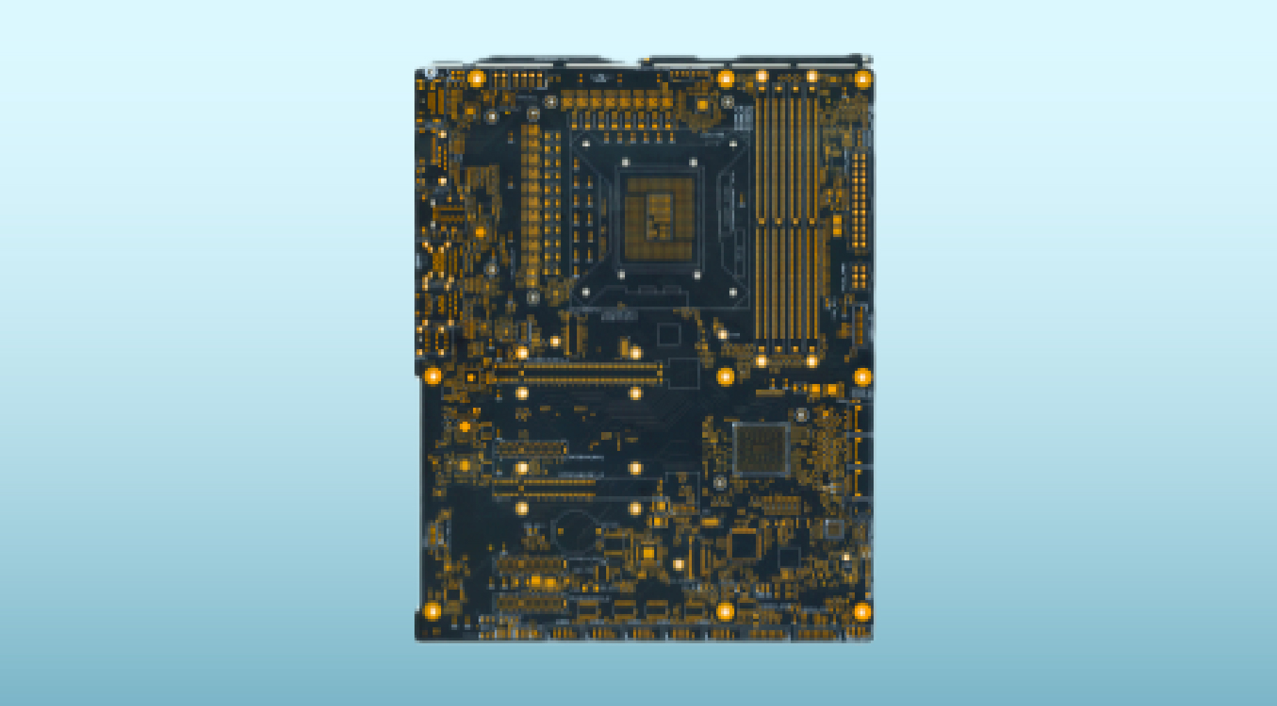Gold-plated solder points on a motherboard
