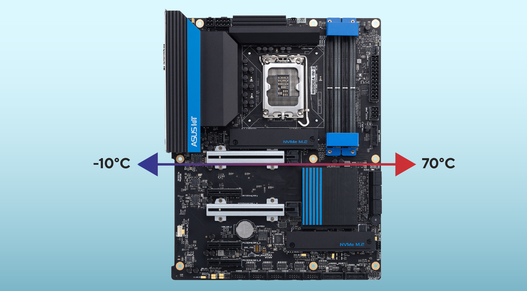 Motherboard marked with operating temperature range of -10 to 70°C