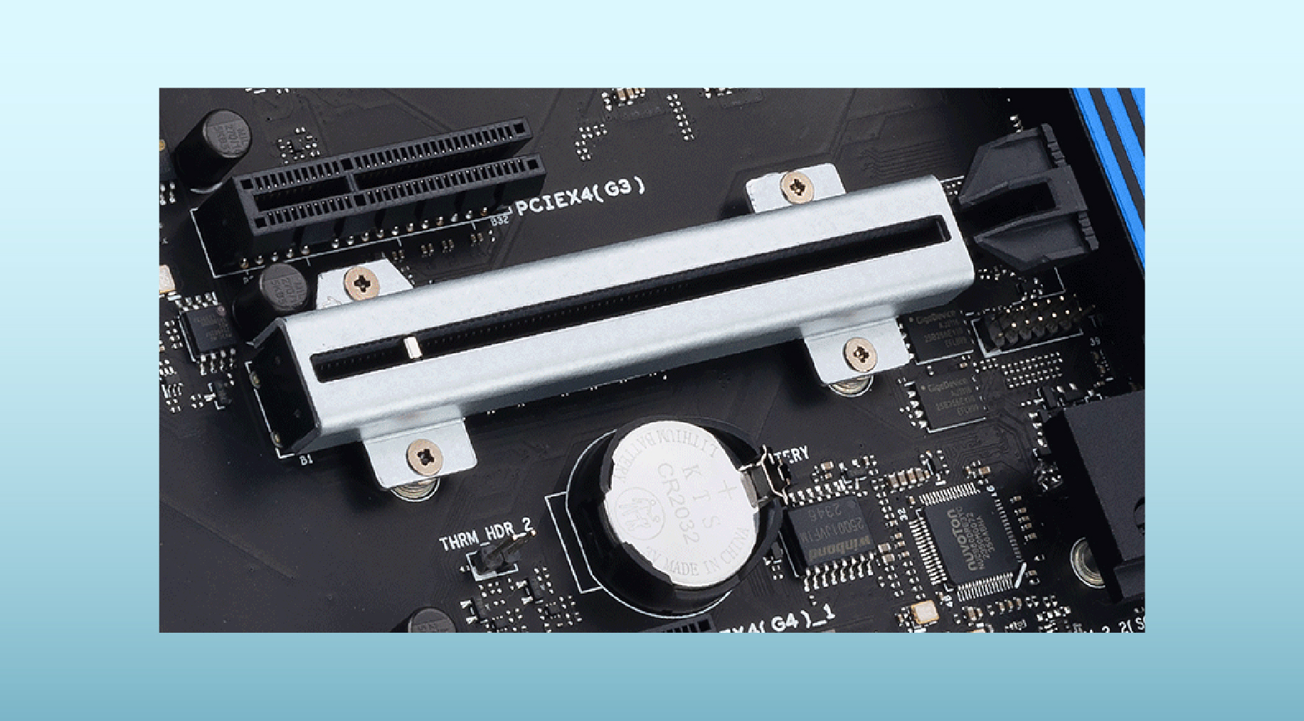 Motherboard highlighting DIMM and PCIe slots for rugged design