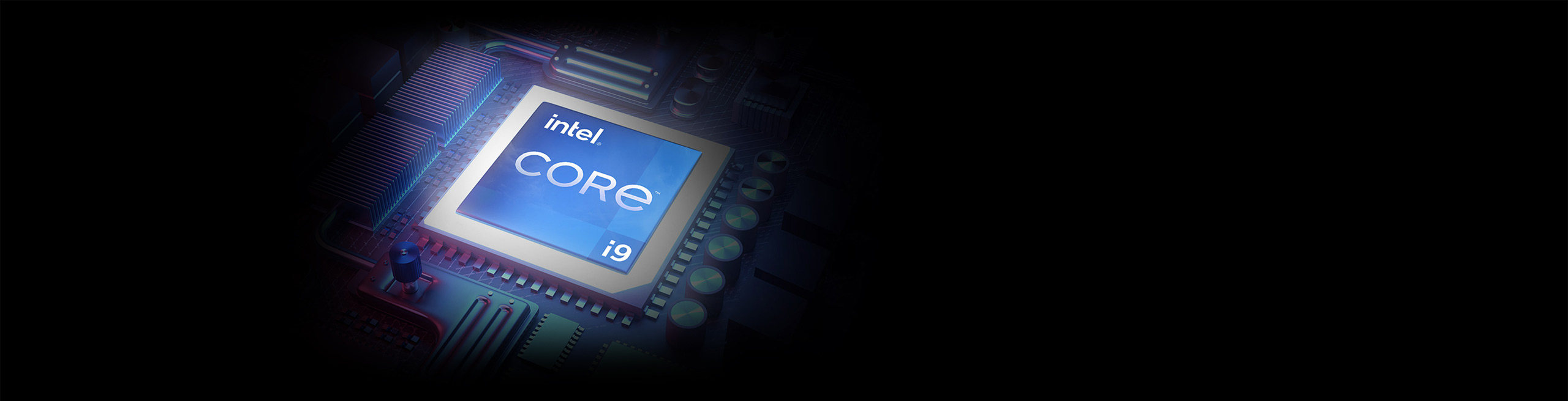 Artist rendering of a blue motherboard and CPU socket, with “Intel Core i9” written over the CPU socket.