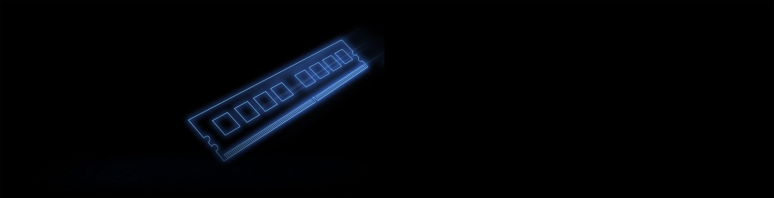 Black background with a minimalist line art render of a blue DDR5 RAM stick, with 8 memory chips visible on the PCB.