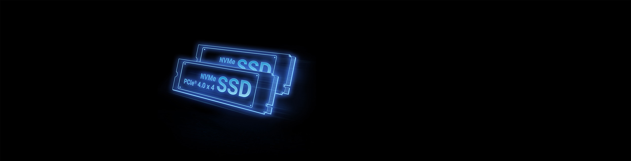Black background with a minimalist line art render of two blue PCIe x 4 NVMe SSDs.
