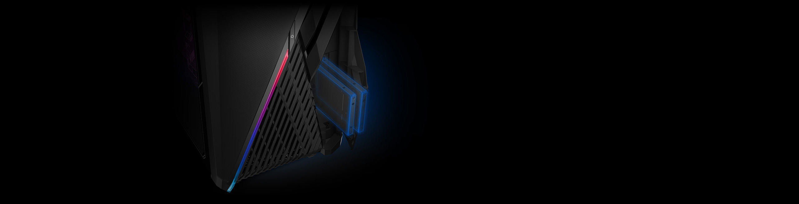 Close up and holographic view of the front panel of the G35CA, with emphasis on the hot swap SSD bays and where to access them on the bottom right corner.