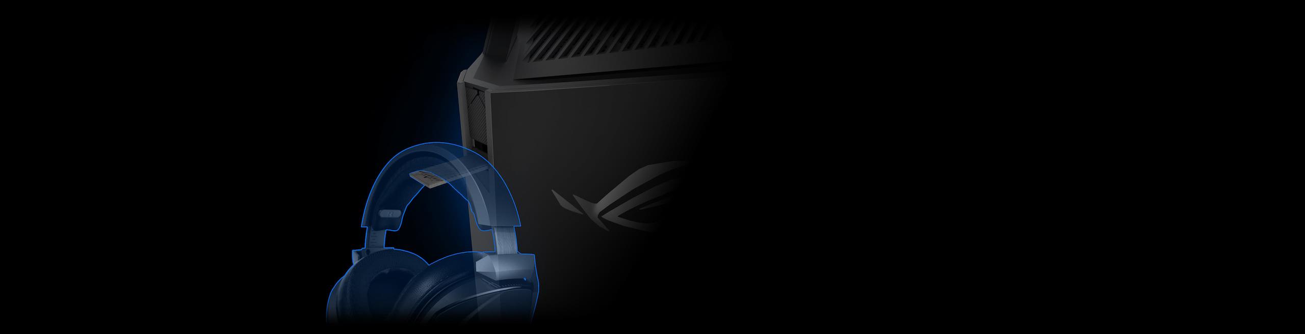 Close up and holographic view of the top right of the G35CA, emphasizing where to use the integrated headset holder.