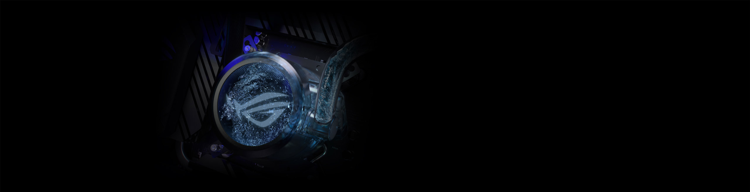 Close up view of the G35CA motherboard and CPU socket, with a holographic rendering of the CPU water cooler showing coursing water on top of the CPU.