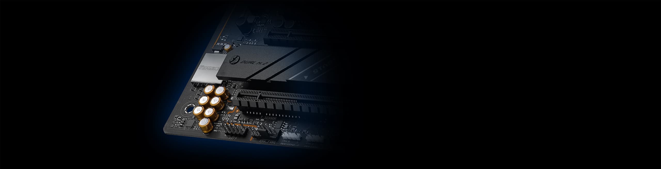 Close up view of motherboard with intense emphasis on SupremeFX audio and capacitor area.
