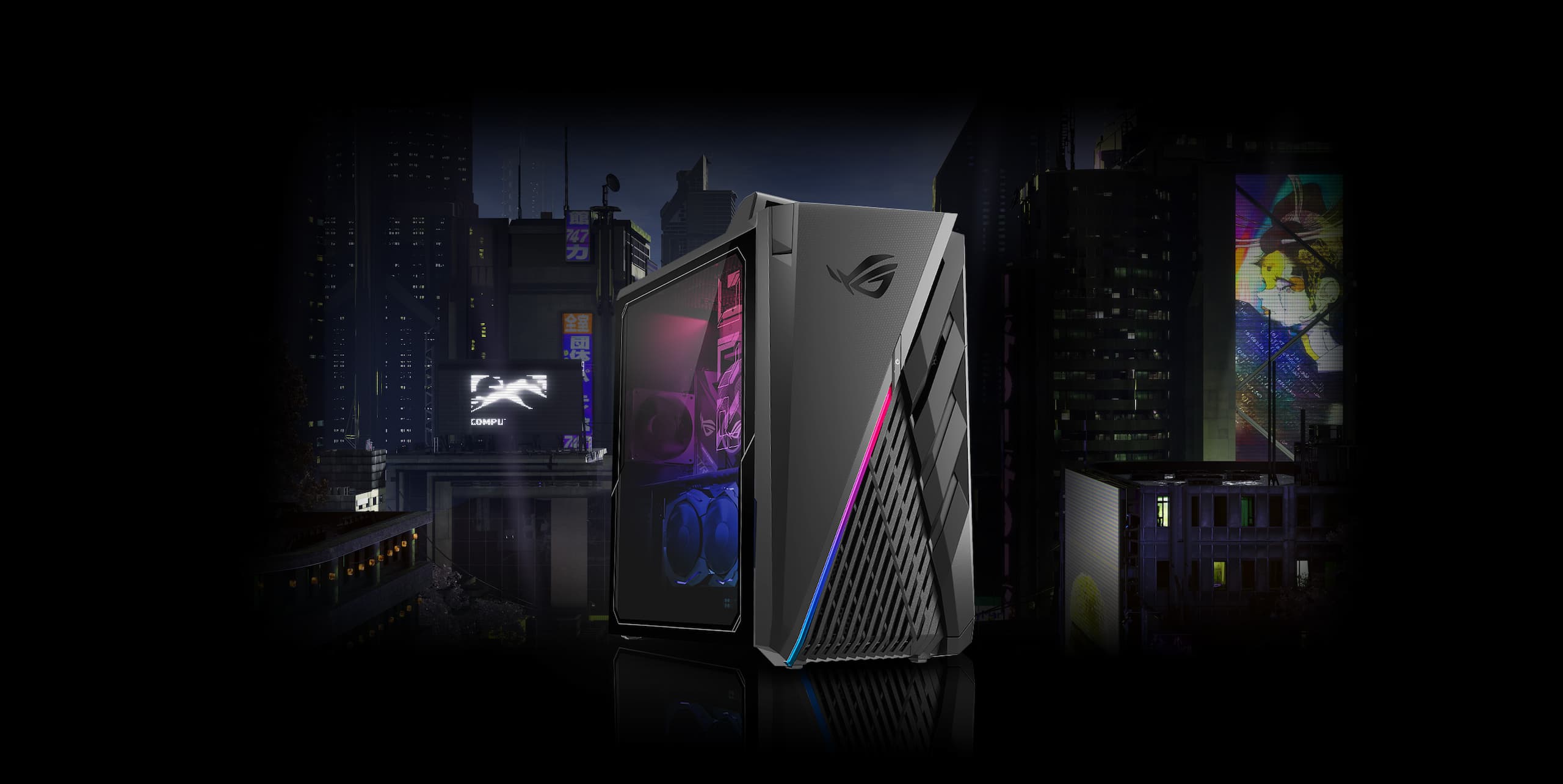 ROG G35CA sitting on a rooftop with RGB illuminated, with a nigh time skyline of a modern city in the background.