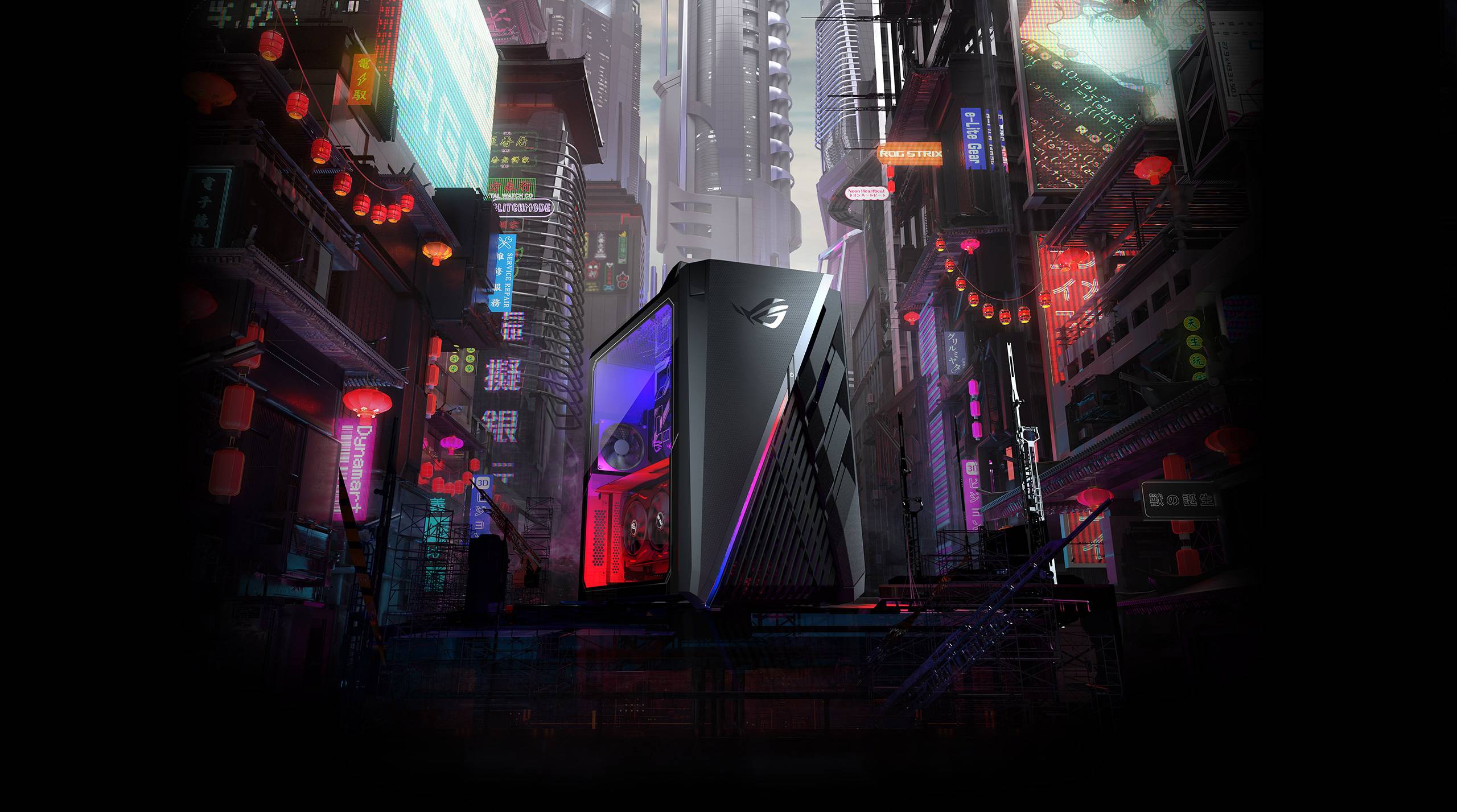 ROG G35CA with RGB illuminated, sitting on the street with a stylized urban cyberpunk background. 