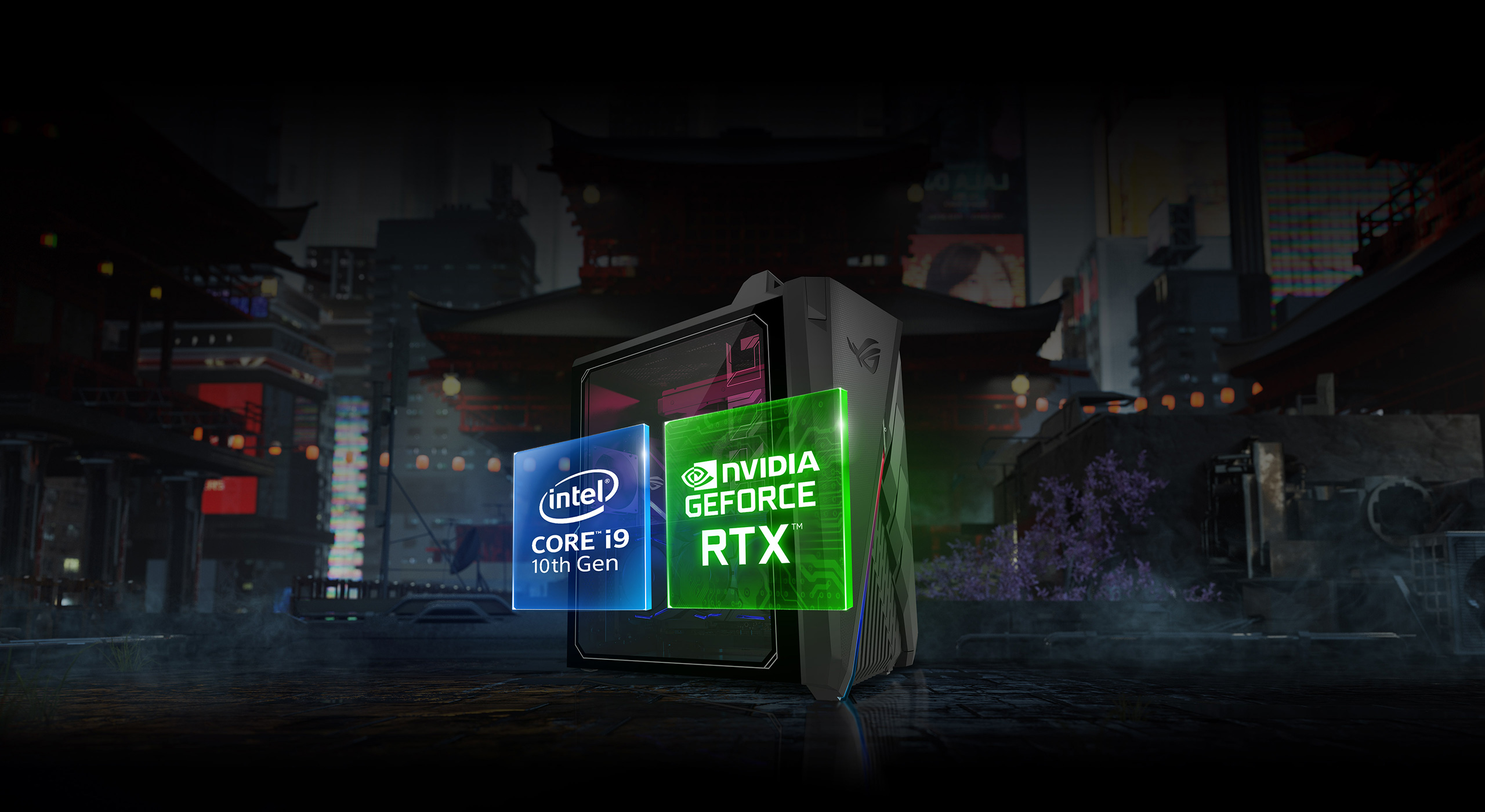 G35CA near a cyberpunk temple, with holographic “Intel Core i9” and “NVIDIA GeForce RTX” logos superimposed above the desktop.