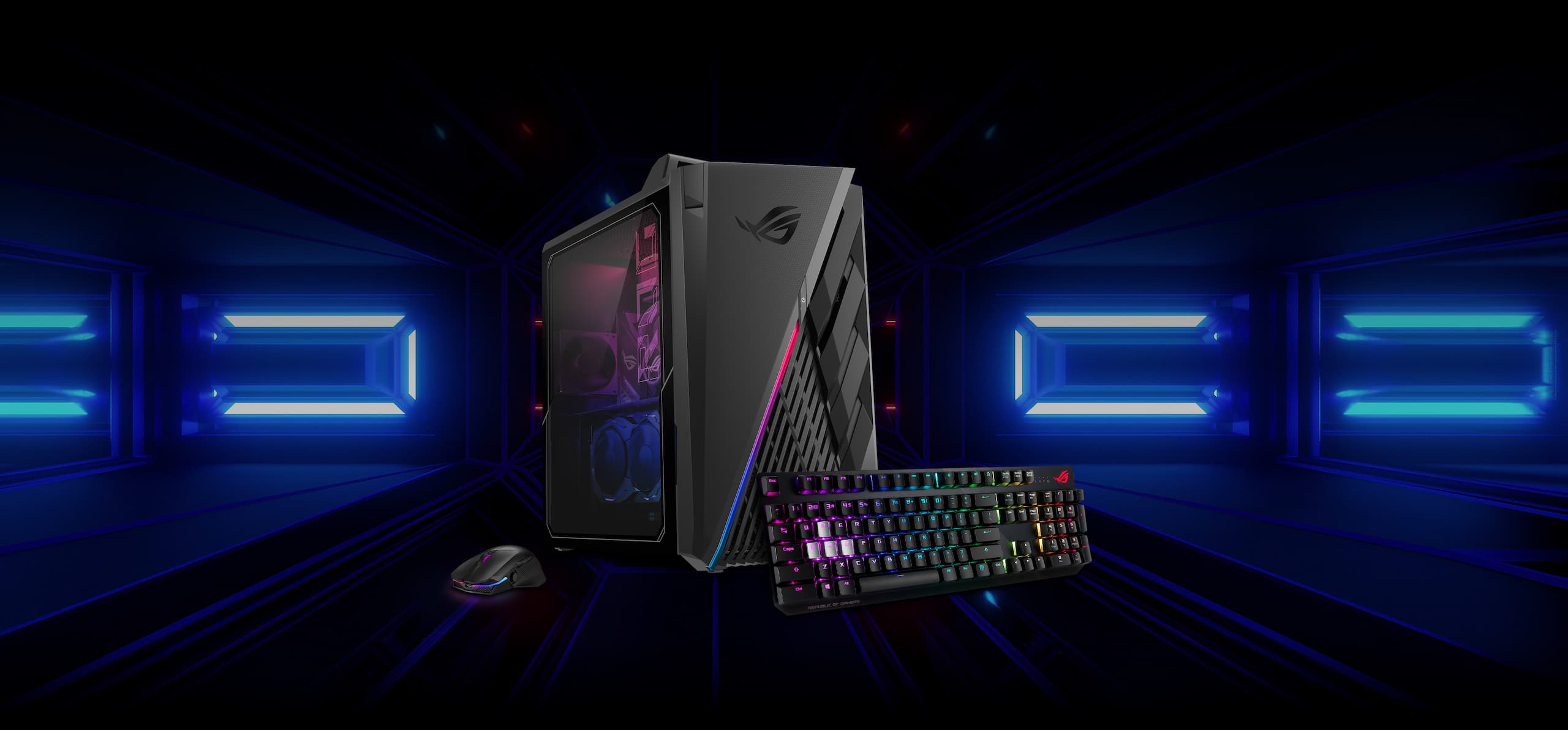 G35CA on a cyberpunk background, with an illuminated RGB keyboard leaning up against the front panel. 