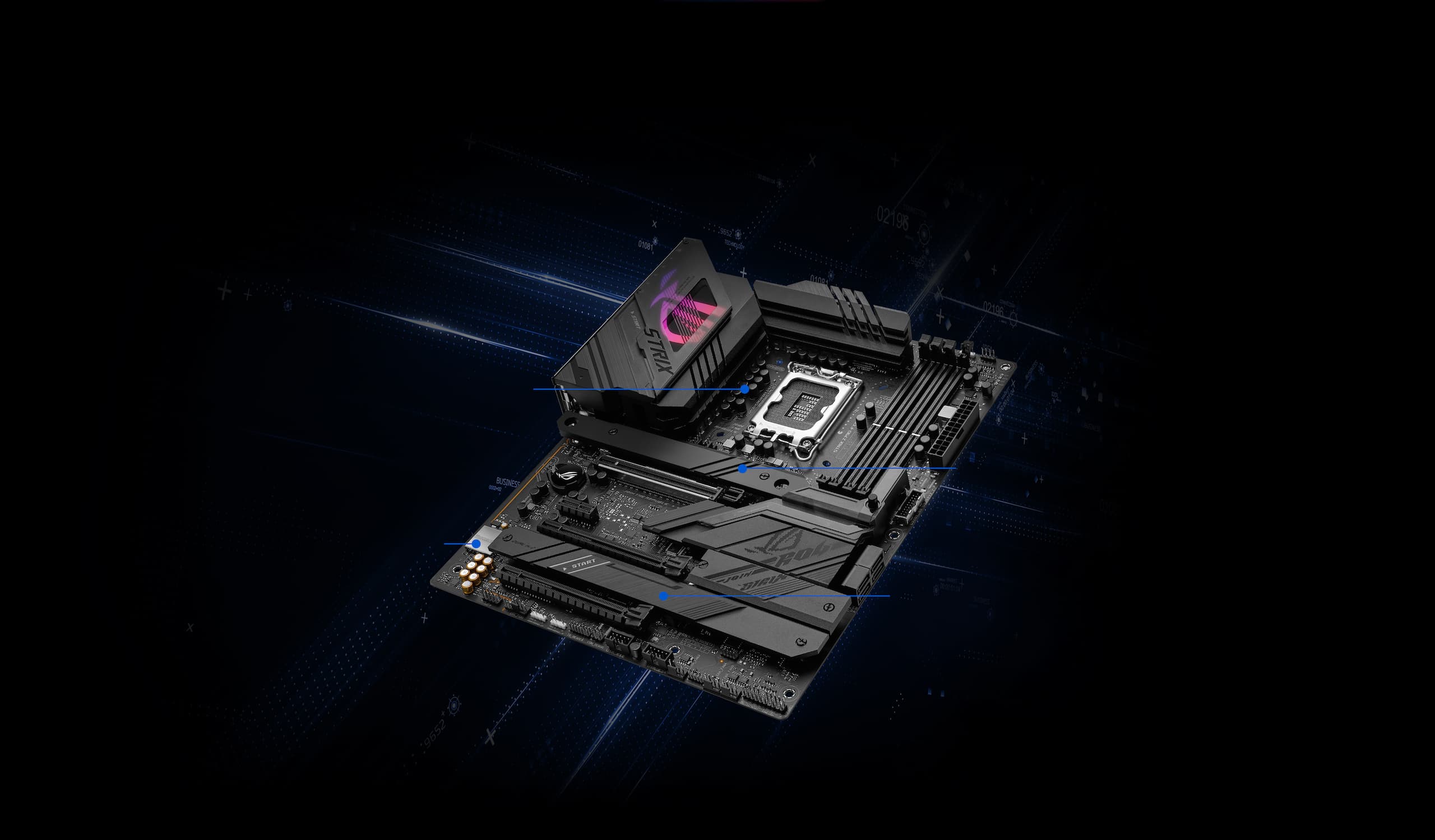 Zoomed out view of ROG Strix Z790 motherboard, with attention drawn to VRM, PCIe 3.0 M.2 slots, and Supreme FX audio.