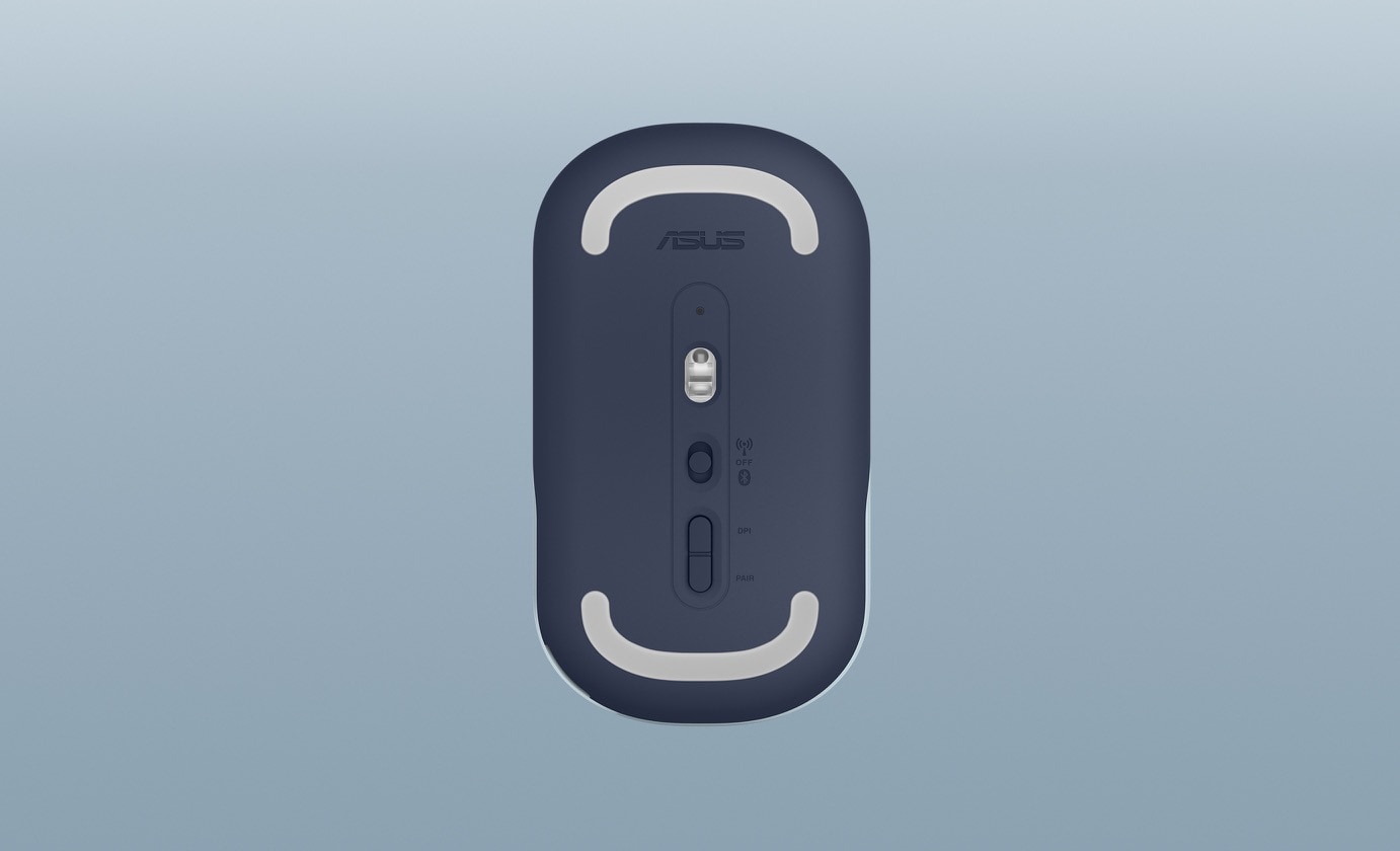 An underside view of an ASUS Marshmallow Mouse MD100 finished in Quiet Blue, showing the DPI and dual-mode switches.