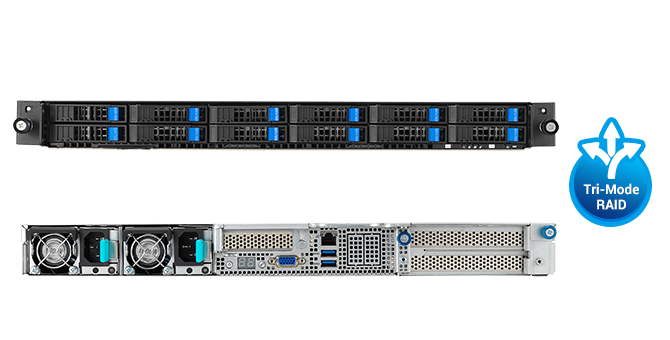 Front panel and rear panel with tri-mode RAID icon