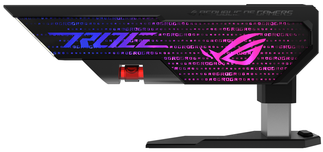 ROG Herculx 的侧视图，包括 ARGB 灯光效果。