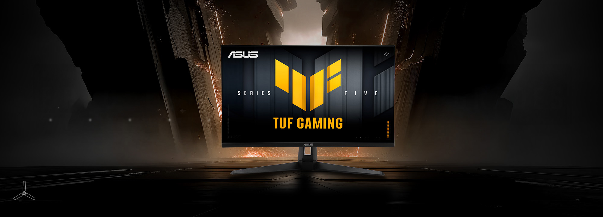 TUF Gaming 显示器 VG27AQM5A 显示器中央的 TUF 徽标图案色彩鲜艳、生动活泼。