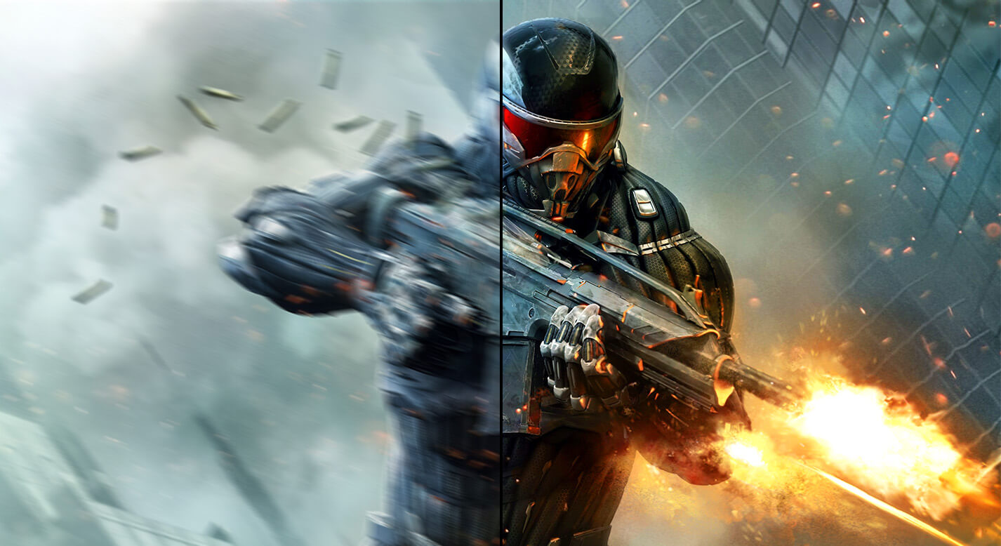 游戏中士兵射击的画面比较：左侧 60Hz 屏幕显示延迟，右侧 VG27AQM5A 屏幕的 300Hz 显示平滑清晰。