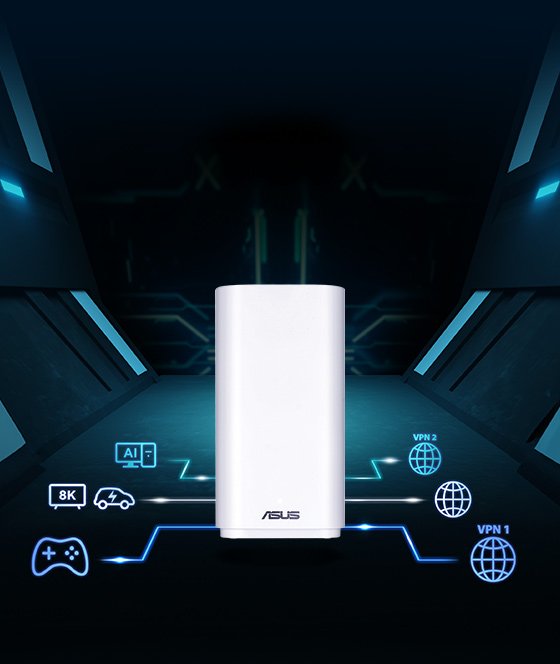 通过 灵耀魔方·无界连接到不同 VPN 和互联网的人工智能电脑、电视、电动汽车和控制台的图标。