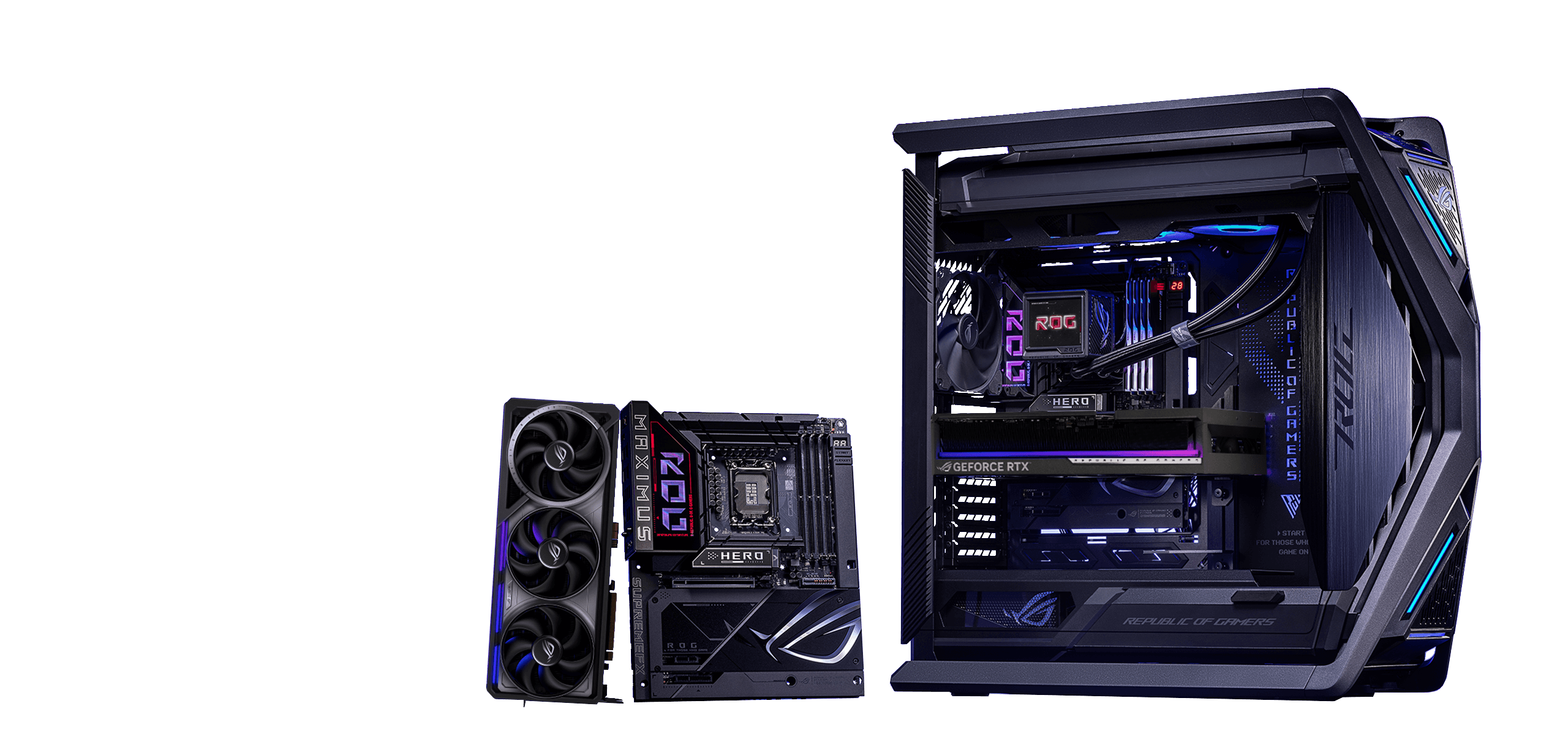 配备 ROG Maximus Z790 Hero BTF 主板、ROG Strix GeForce RTX™ 4090 BTF 版显卡和 ROG Hyperion GR701 BTF 版机箱的 ROG BTF 生态圈