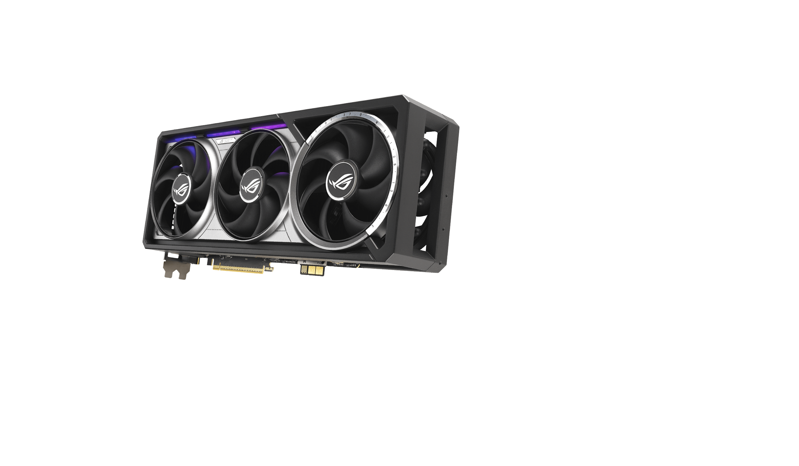 ROG Astral GeForce RTX™ 5090 BTF 版显卡正反视图，搭配银河背景