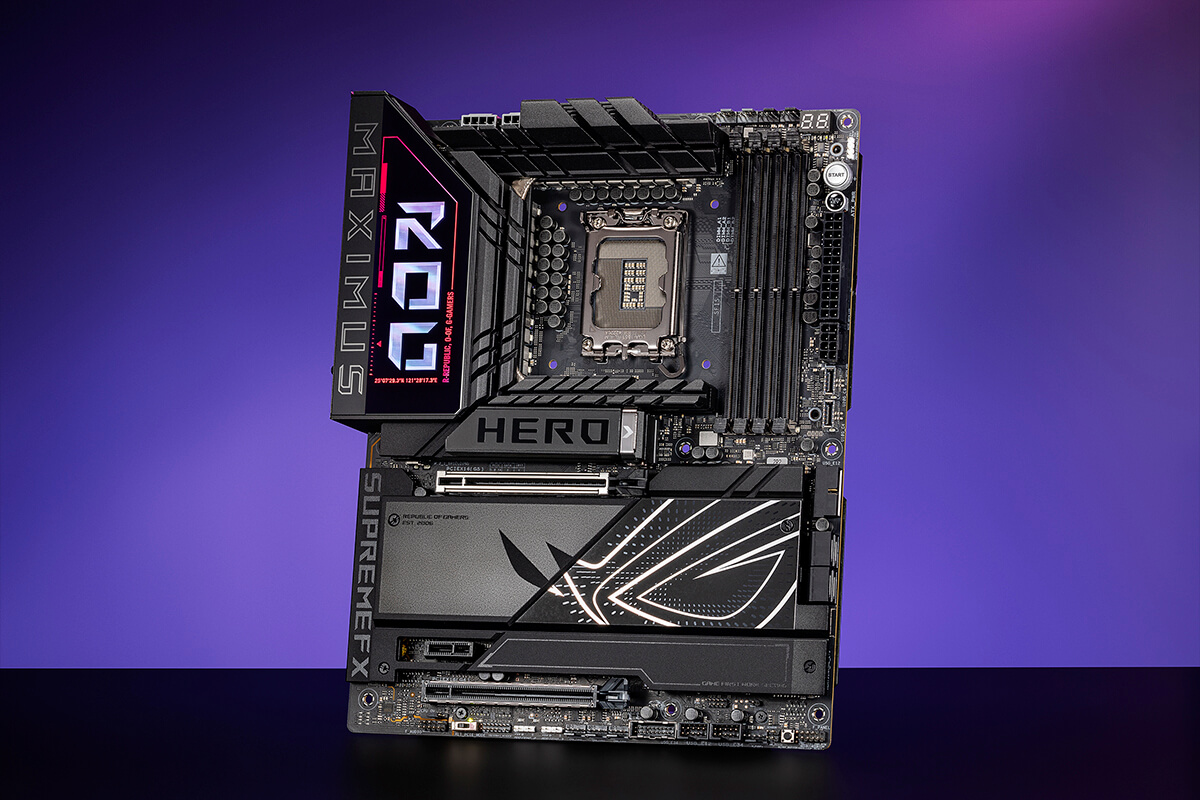 The ROG Maximus Z890 Hero front angle with DDR5