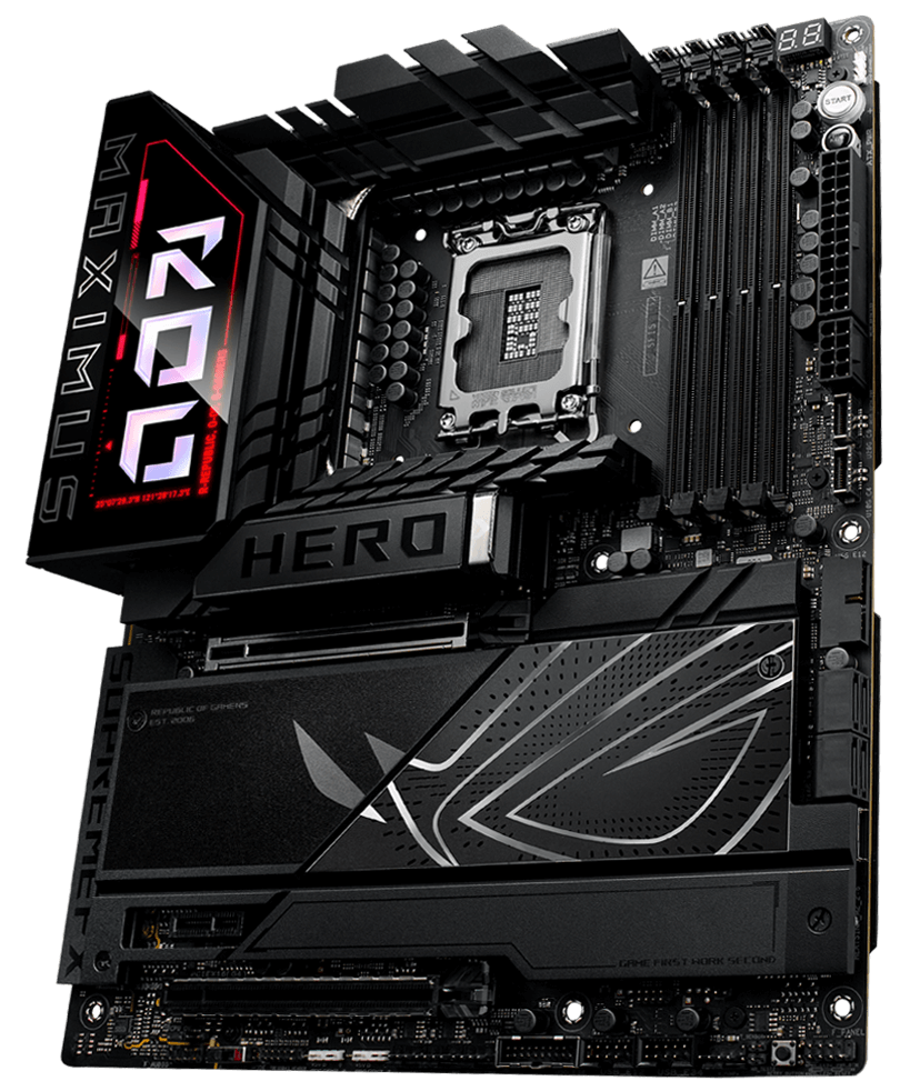 The ROG Maximus Z890 Hero left sided angle