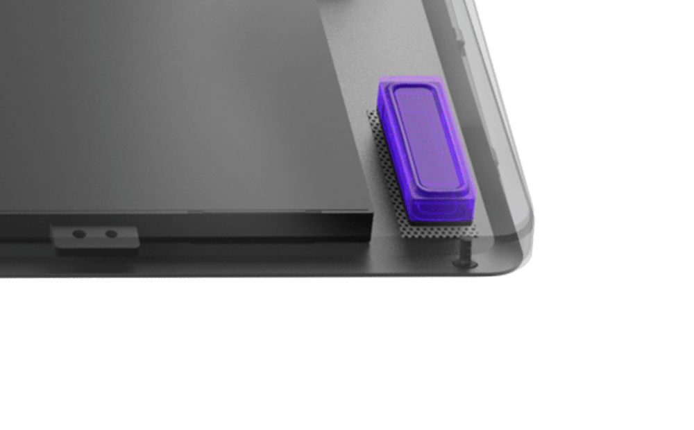 An extreme close-up and 3D cutaway of the woofers on a Zephyrus G16, showing their position near the edge of the chassis closest to the user.