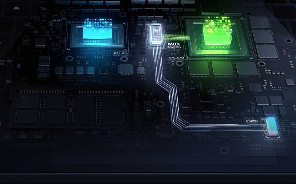 A stylized 3D image of a laptop motherboard, with the routing between the CPU, GPU, MUX Switch, and display highlighted.