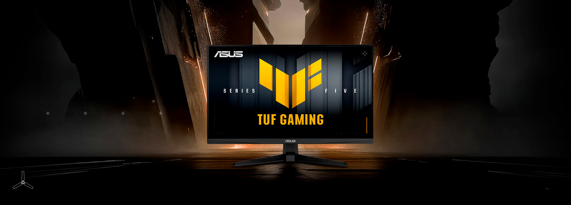 TUF Gaming 显示器 VG259QM5A 的中心位置有 TUF 标志，显示出鲜艳夺目的图形。
