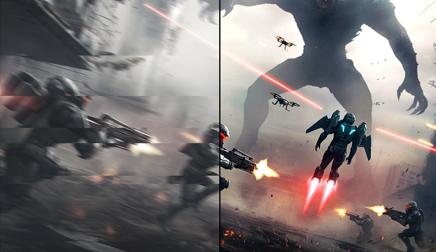 士兵射击怪物的画面比较：左侧关闭 VRR 时出现模糊，右侧开启后则无破图。