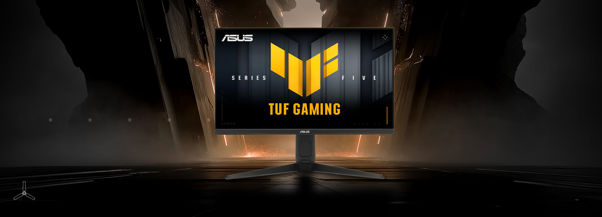 TUF Gaming 显示器 VG259QMRL5A 的中心位置有 TUF 标志，显示出鲜艳夺目的图形。
