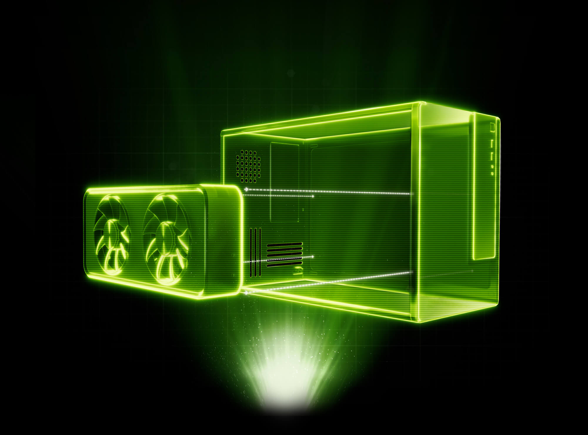 NVIDIA GeForce RTX 显卡兼容于小型 PC 机箱，采用发光绿色线框设计