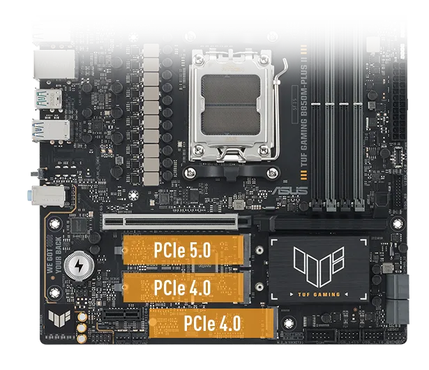 TUF GAMING B850M-PLUS II 配备两个标有 PCIe 5.0 的突出显示 PCIe 插槽和一个标有 PCIe 4.0 的 PCIe 插槽。插槽用橙色标出。