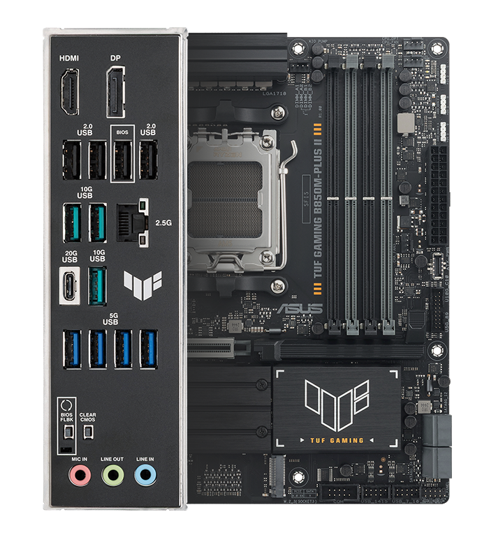 TUF Gaming 主板正面图，带 Aura 照明和 I/O 屏蔽罩