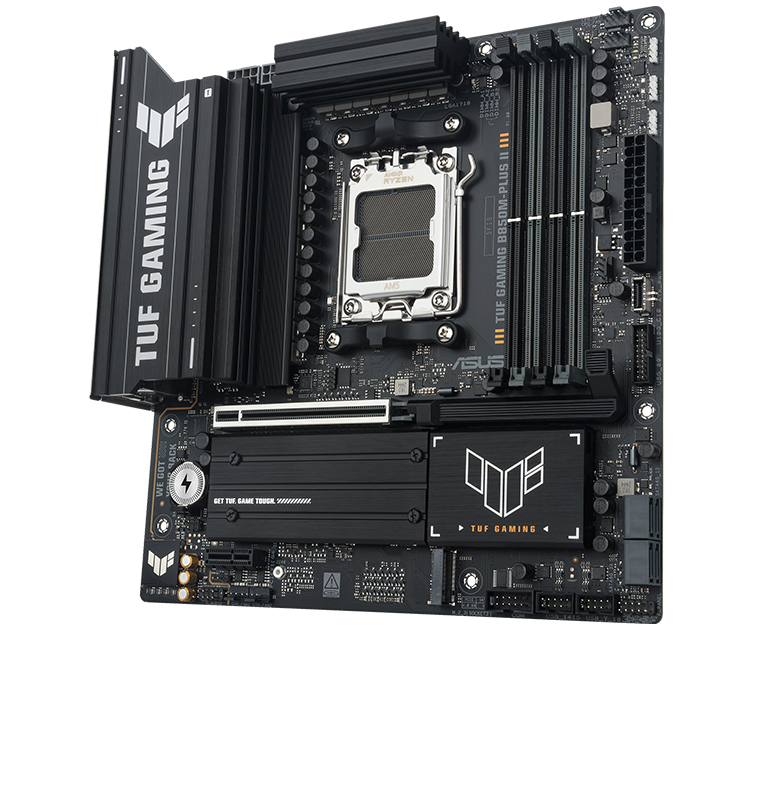 TUF Gaming 主板正面 60 度视图，带 Aura 光效