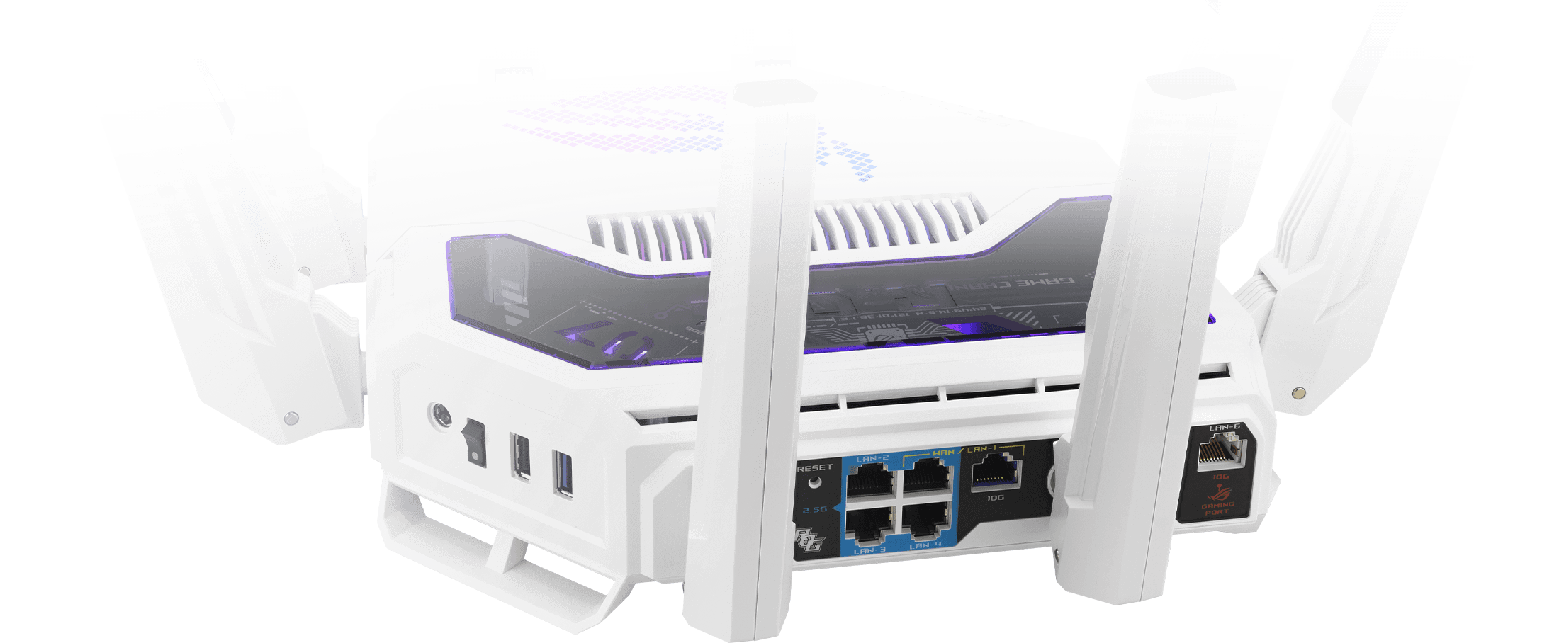 华硕 ROG 八爪鱼7 AI 游戏路由器后视图,显示 USB 端口、2.5G 端口和 10G 游戏端口