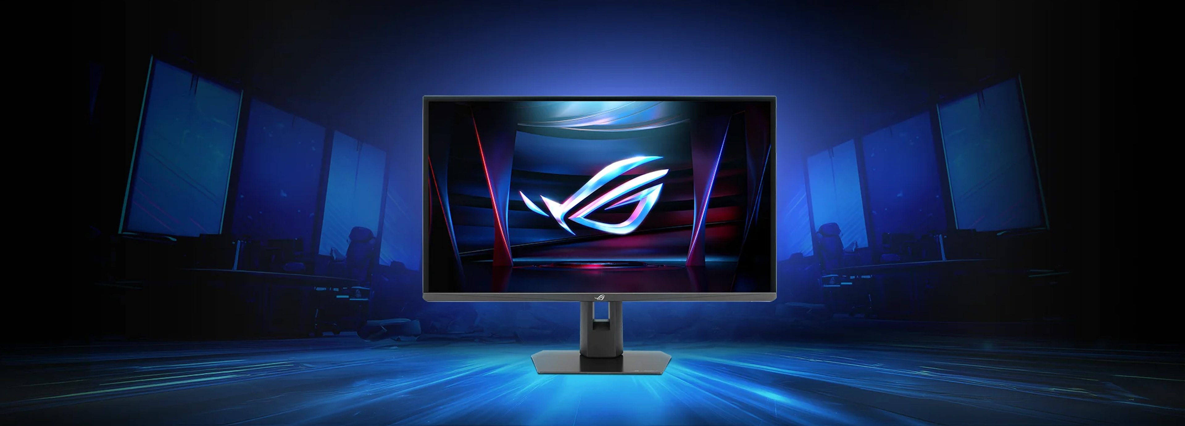Front view of an ROG STRIX XG248QSG ACE monitor with the ROG logo on screen, surrounded by bold text reading 'WORLD’S FASTEST ESPORTS MONITOR' in a dark, competitive gaming arena background.
