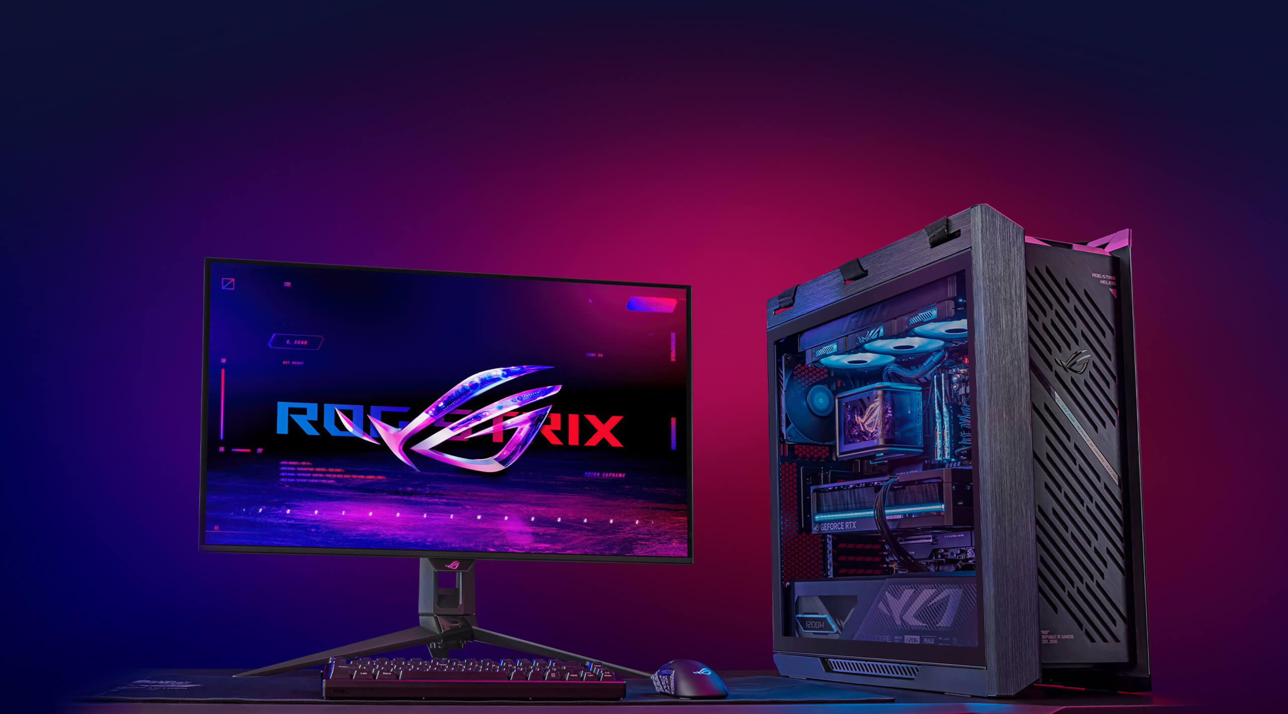 顶级电竞设备情境，包含 RGB 灯效的 Helios II 主机、显示 ROG 标志与霓虹背景的屏幕，以及相匹配的 RGB 周边。