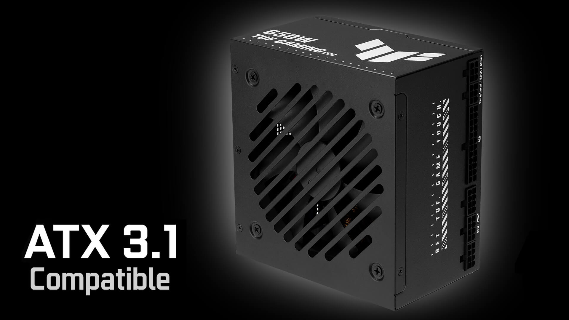 带有 ATX 3.1 兼容标识的 TUF Gaming PSU 的斜视图
