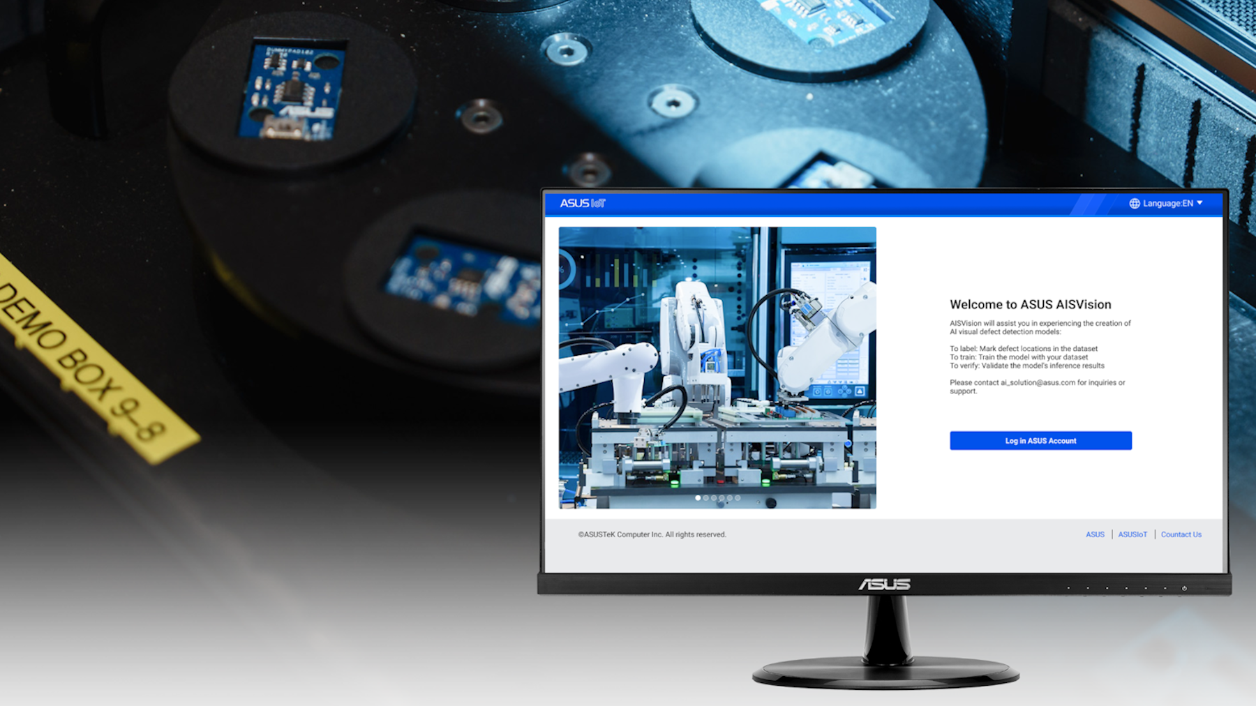 A robotic arm analyzes circuit boards, displaying the AISVision365 interface on an ASUS monitor