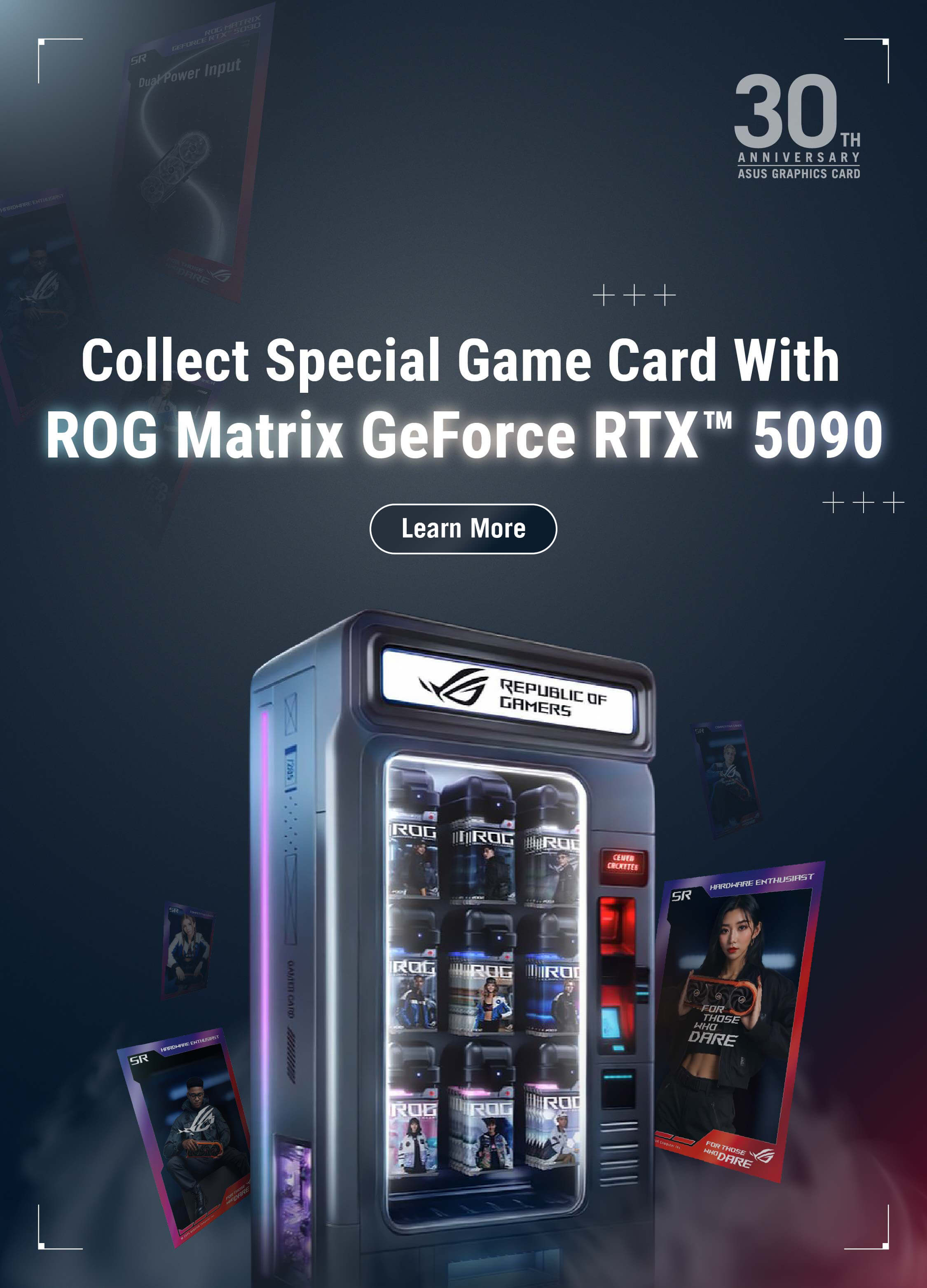 卡片自动销售机，周围悬浮着展示人物手持显卡画面的卡片