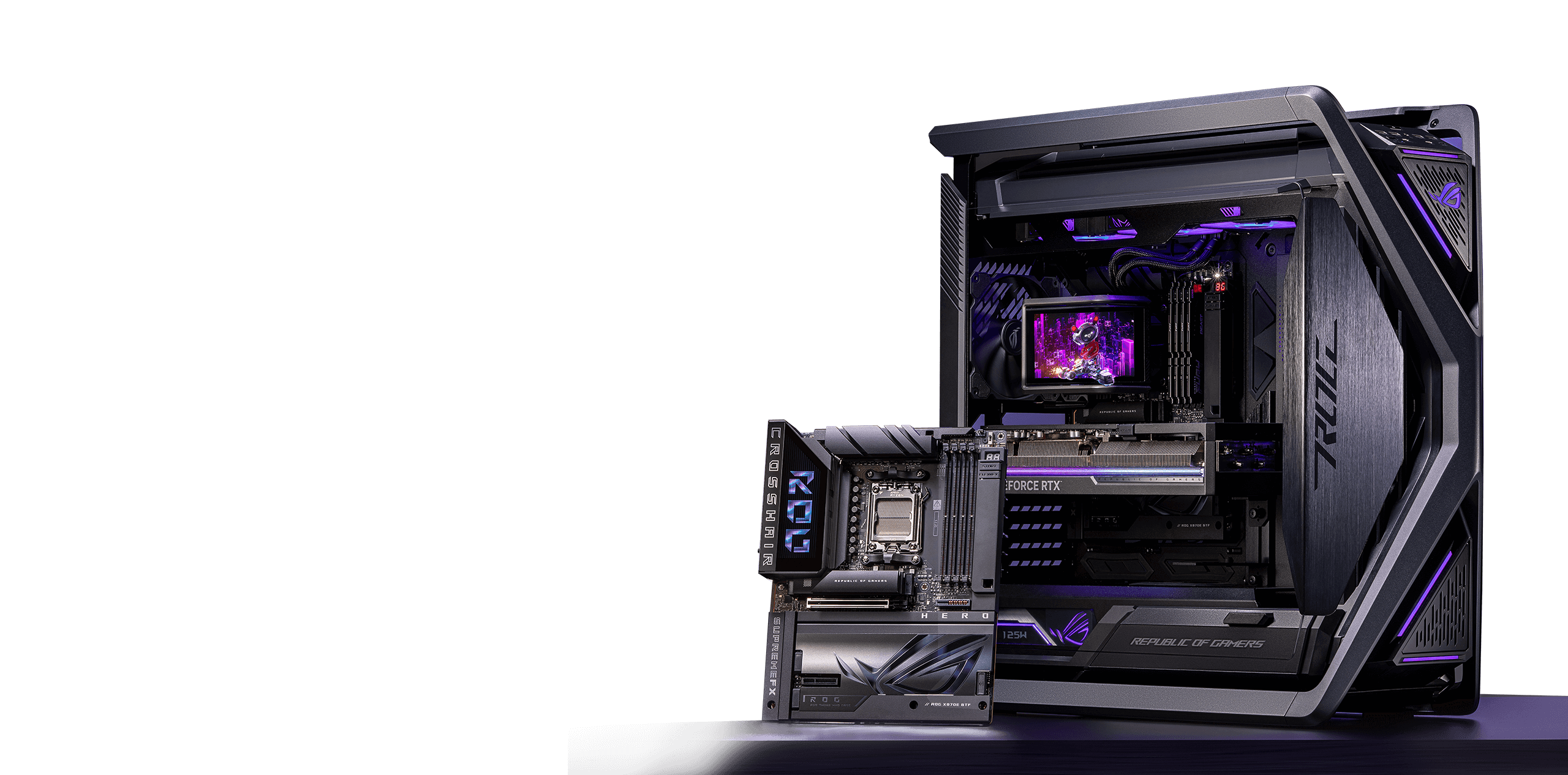 ROG BTF 进阶 BTF 生态圈，包含 ROG Maximus X870E Hero BTF 主板、ROG Strix GeForce RTX™ 4090 BTF 版显卡和 ROG Hyperion GR701 BTF 版机箱